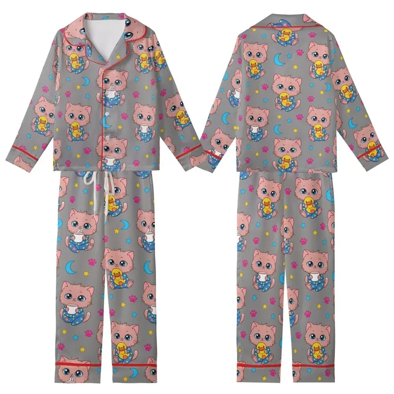 Kitten Lovers' Cute Cartoon Brownish-Pink Fluffy Kittens in Royal Blue Star Pajamas, Grey Pattern Kid Satin Pajamas Set - 1