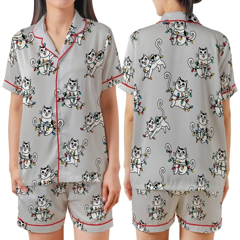 Cat Lovers' Whimsical Black White Cats Entangled Bright Christmas Lights All-Over Pattern Satin Short-Sleeve Pajamas Set - 1