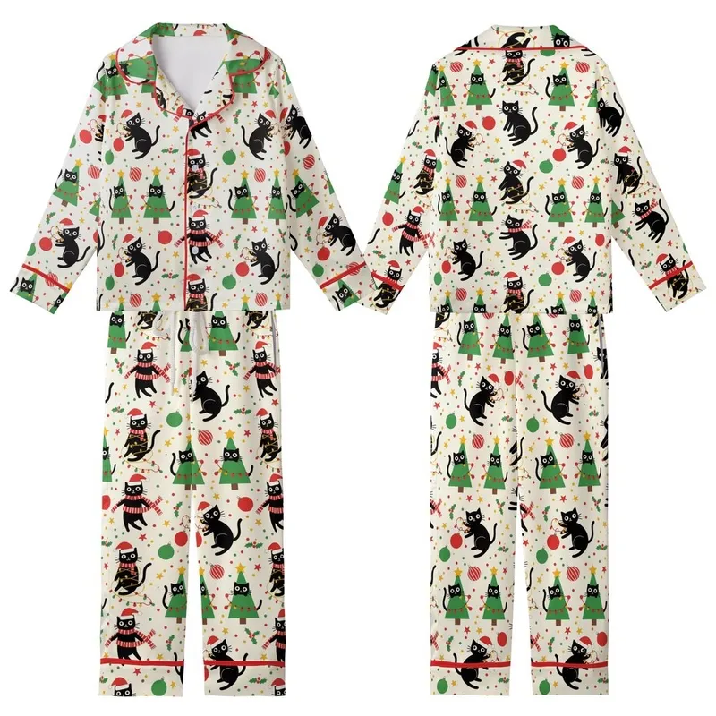 Cat Lovers' Whimsical Christmas Black Cats Pattern, Light Cream Festive Illustration, Red Green Yellow Kid Satin Pajamas Set - 1