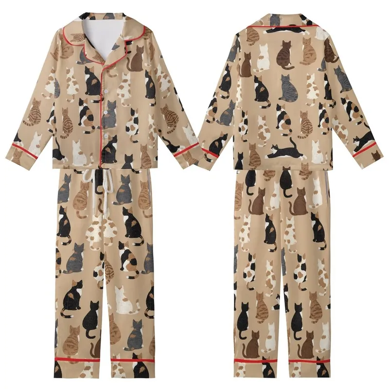 Cat Lovers' Warm Beige Seamless Pattern Diverse Rear-View Cats Calico Tabby Tuxedo Cream Black Gray Brown Fur Kid Satin Pajamas Set - 1