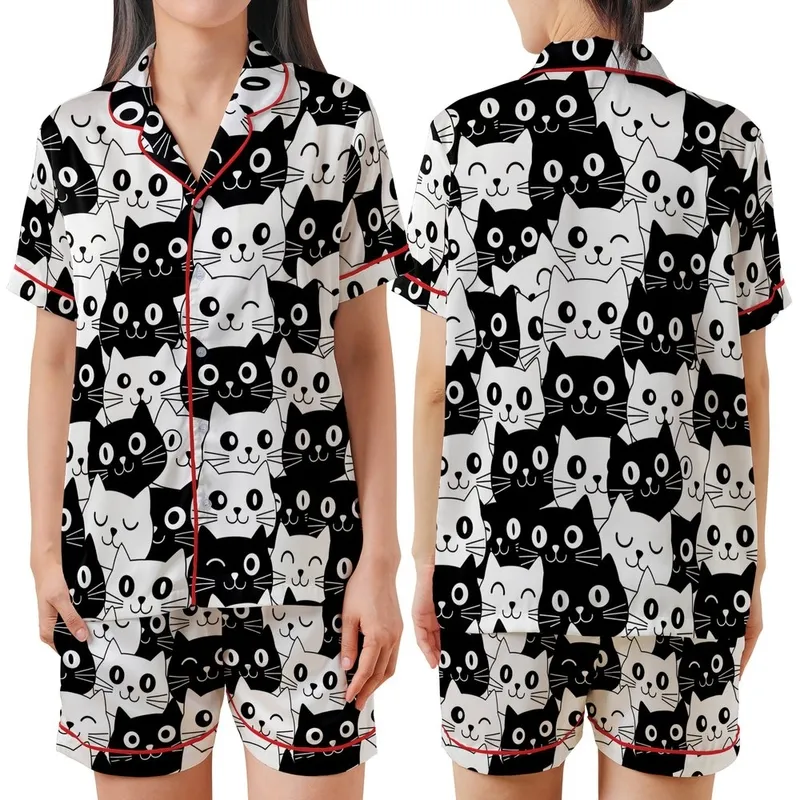 Cat Lovers' Black & White Minimalist Cartoon Cat Face Dense Seamless All-Over Print Satin Short-Sleeve Pajamas Set - 1