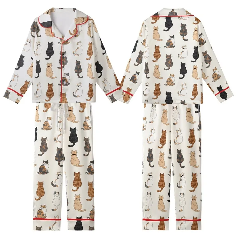 Cat Lovers' Seamless Illustrative Cats Pattern Warm Brown Tan Grey Black White Calico Tortoiseshell Bow Ties Cream Kid Satin Pajamas Set - 1