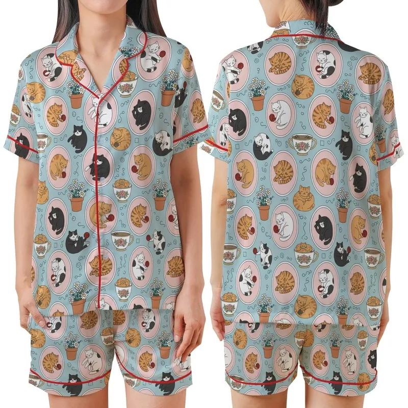 Cat Lovers' Whimsical Illustrative Cat Pattern, Powder Blue, Ginger Tabby Mixed Cats, Pastel Pink Teal Accents Satin Short-Sleeve Pajamas Set - 1