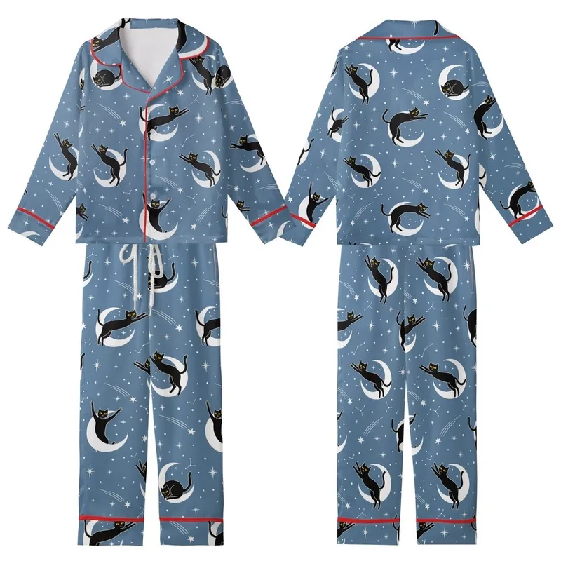 Cat Lovers' Whimsical Muted Blue Black Cat Playful Starry Moon Seamless Pattern Kid Satin Pajamas Set - 1