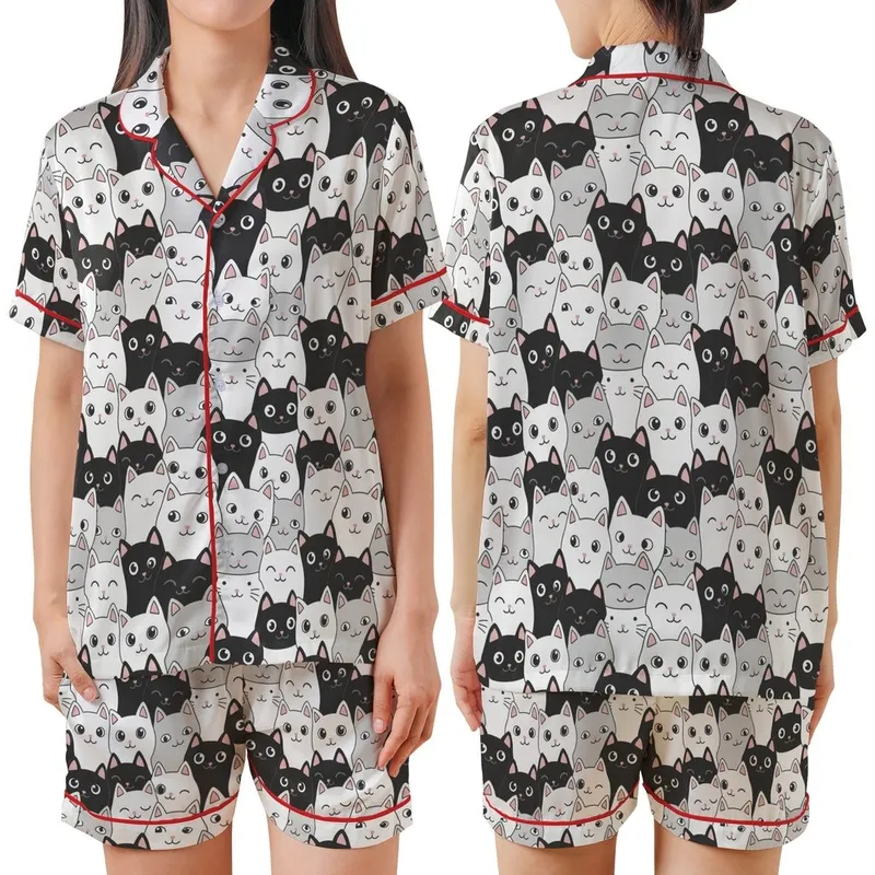 Cat Lovers' Whimsical Black White Gray Pink Cartoon Cat Faces Curious Smiling Sleepy Pattern Satin Short-Sleeve Pajamas Set - 1