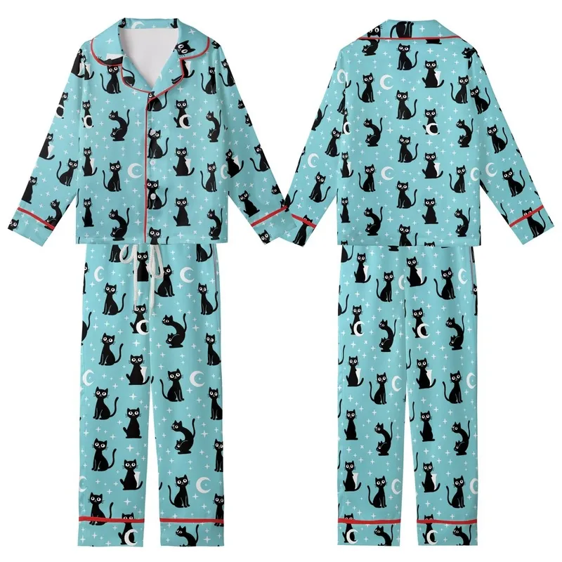 Cat Lovers' Playful Black Cats White Crescent Moons Twinkle Stars Light Aqua Whimsical Pattern Kid Satin Pajamas Set - 1