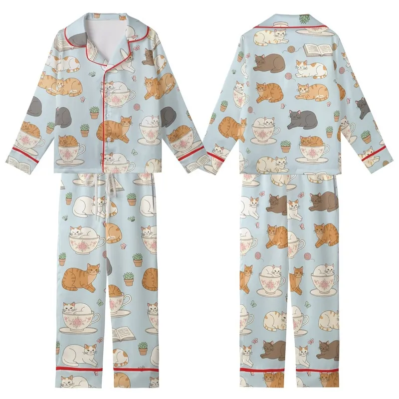 Cat Lovers' Whimsical Pastel Blue Feline Teacup & Succulent Repeat Pattern Kid Satin Pajamas Set - 1