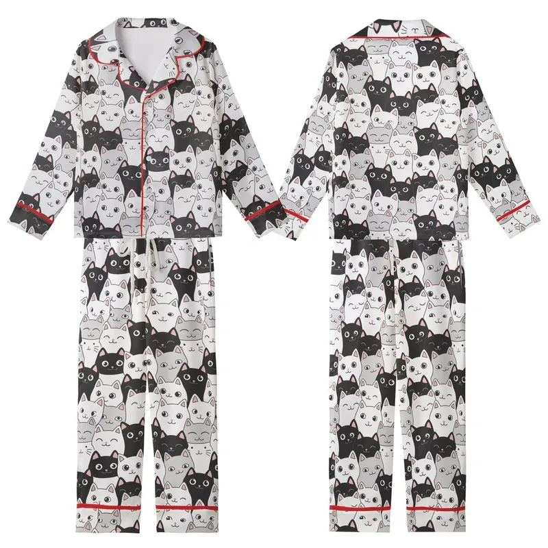 Cat Lovers' Whimsical Black White Gray Pink Cartoon Cat Faces Curious Smiling Sleepy Pattern Kid Satin Pajamas Set - 1