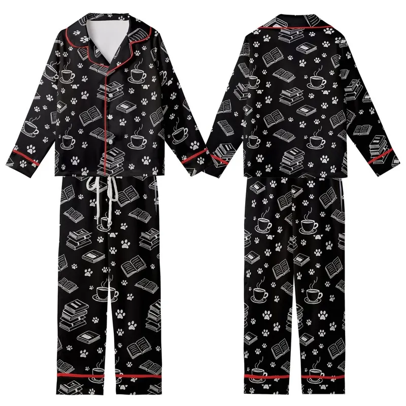 Cozy Lifestyle Lovers Rustic Black White Hand-Drawn Coffee Book Paw Print Pattern Kid Satin Pajamas Set - 1