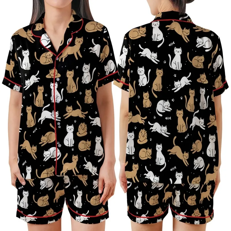 Cat Lovers' Cute Black Tan White Playful Cartoon Cats Paw Print Seamless Pattern Satin Short-Sleeve Pajamas Set - 1