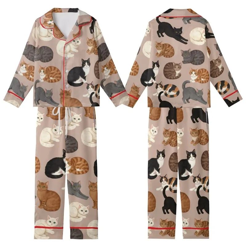 Cat Lovers' Whimsical Diverse Cat Pattern with Painterly Calico Tuxedo Tabby Felines on Blush Beige Kid Satin Pajamas Set - 1