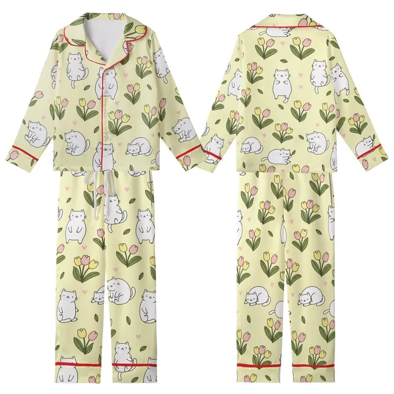 Cat Lovers' Whimsical Hand-Drawn White Chubby Cartoon Cats Pastel Yellow Seamless Pattern with Pink Tulips & Hearts Kid Satin Pajamas Set - 1