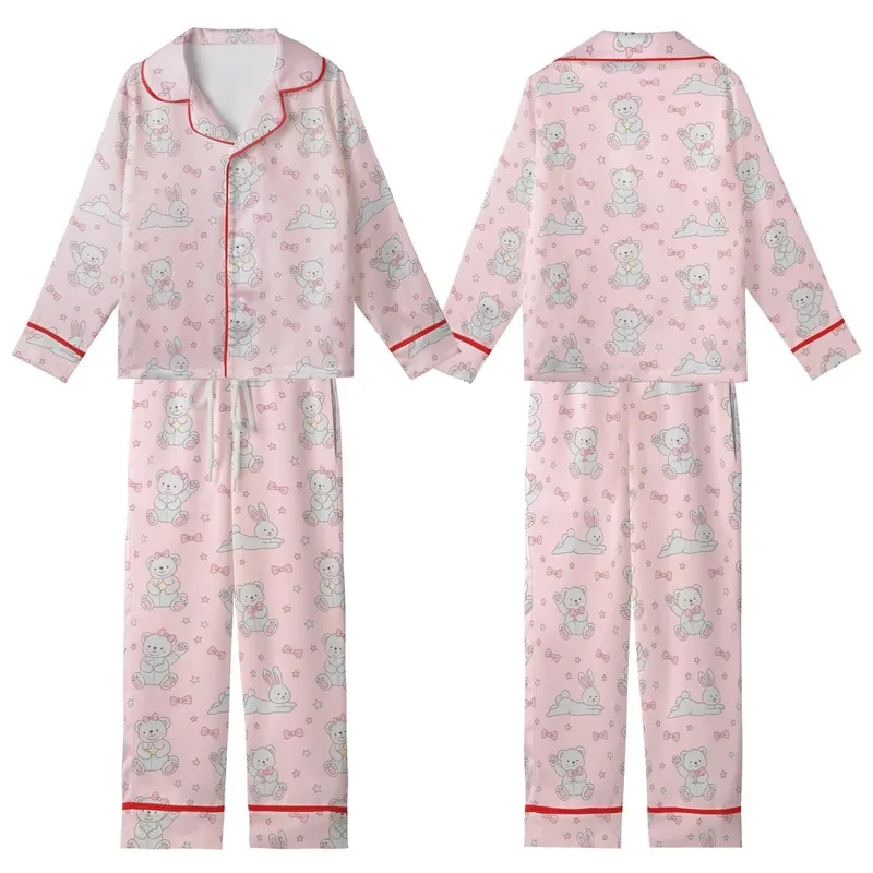 Whimsical Hearts' Charming Hand-Drawn Pastel Pink Scattered Teddy Bear Bunny Whimsical Bow Star Pattern Kid Satin Pajamas Set - 1