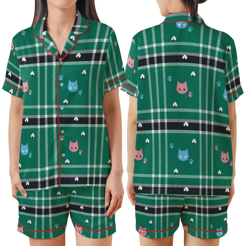 Cat Lovers' Bold Green Black White Tartan Plaid Pink Blue Stylized Cat Heads & Paw Prints Graphic Satin Short-Sleeve Pajamas Set - 1
