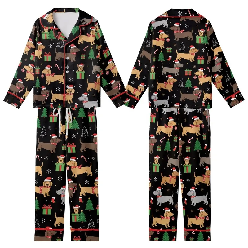 Dog Owners' Cute Cartoon Black Christmas Dog Pattern with Festive Santa Hats & Candy Canes Kid Satin Pajamas Set - 1