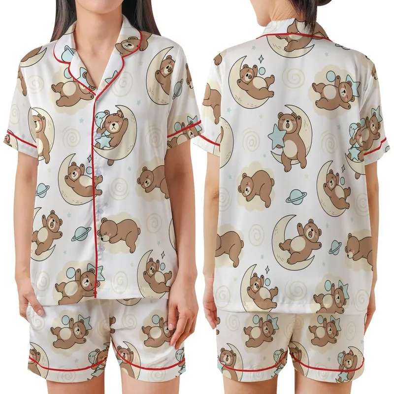 Whimsical Art Lovers' Warm Brown Sleepy Bear Celestial Moon Star Pastel Blue White Print Satin Short-Sleeve Pajamas Set - 1