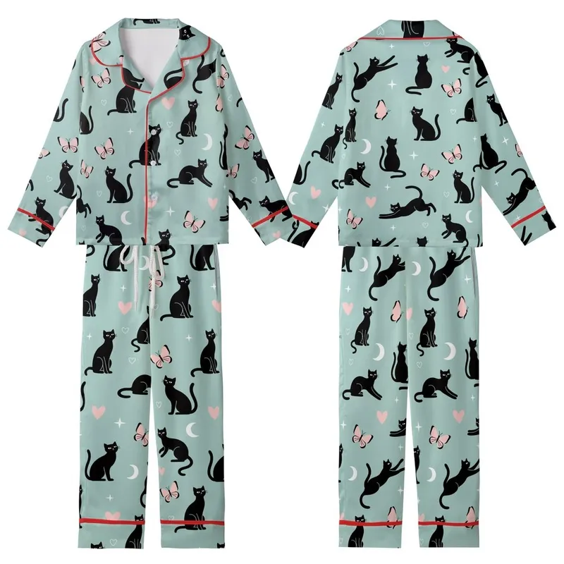 Cat Lovers' Whimsical Dreamy Light Teal Scattered Black Cat Pale Pink Butterfly Heart Star Pattern Kid Satin Pajamas Set - 1