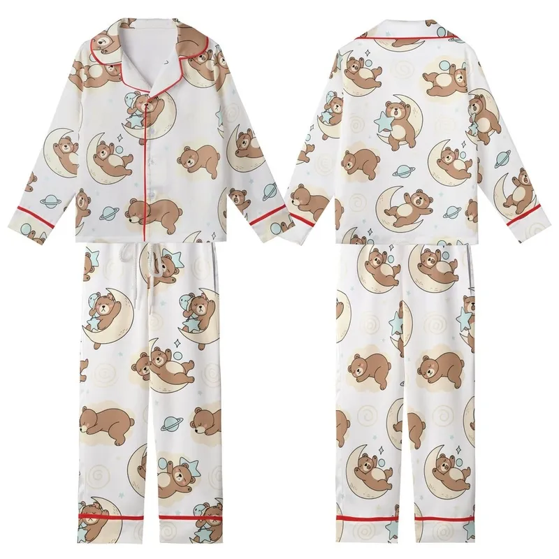 Whimsical Art Lovers' Warm Brown Sleepy Bear Celestial Moon Star Pastel Blue White Print Kid Satin Pajamas Set - 1