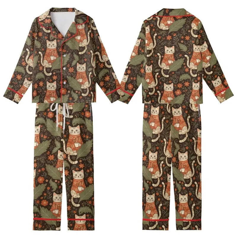 Vintage Style Cat Lovers' Seamless Vintage Botanical Tabby Cat & Autumn Floral Pattern in Muted Olive, Burnt Orange, Dark Brown Kid Satin Pajamas Set - 1