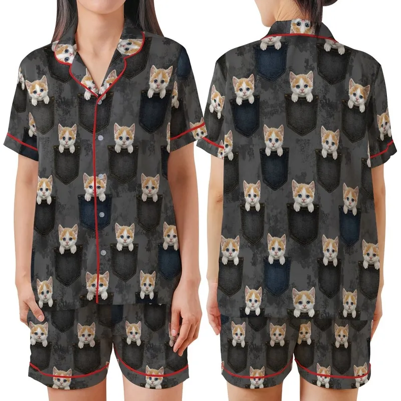 Kitten Lovers' Photorealistic White Ginger Kittens Blue Eyes Dark Denim Pockets Pattern Satin Short-Sleeve Pajamas Set - 1