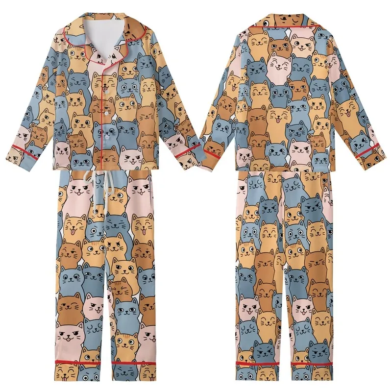 Cat Lovers' All-Over Seamless Cute Expressive Cartoon Cats Pattern, Flat Vector Art, Peach, Blue, Caramel, Pink on White Kid Satin Pajamas Set - 1
