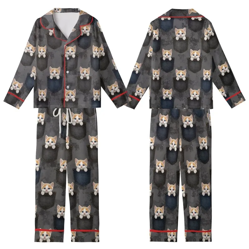 Kitten Lovers' Photorealistic White Ginger Kittens Blue Eyes Dark Denim Pockets Pattern Kid Satin Pajamas Set - 1