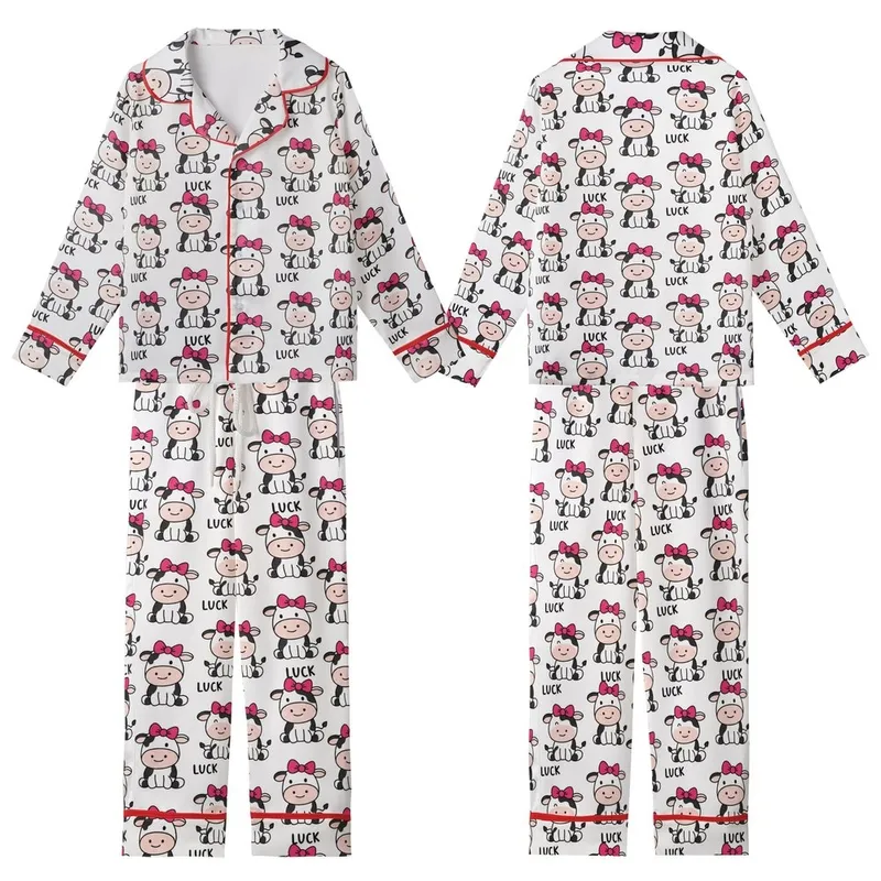 Women's Cute Simplified Cartoon Cow All-Over Pattern Pink Bows Lucky Black Text White Background Kid Satin Pajamas Set - 1