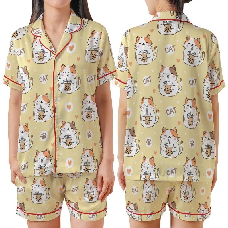 Cat Lovers' Kawaii Calico Cat Boba Tea Pastel Yellow Polka Dot Pattern with Taupe Paw Prints Light Orange Hearts Satin Short-Sleeve Pajamas Set - 1