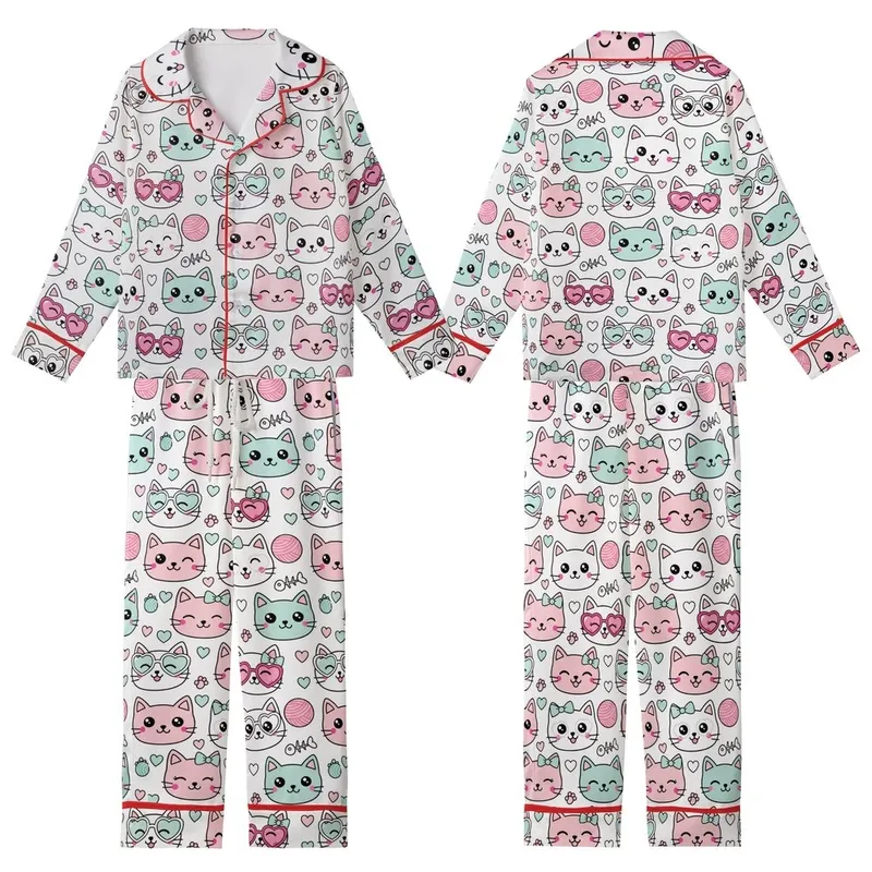 Kawaii Cat Lovers' Seamless Pastel Pink Teal Blue White Cartoon Cat Faces Pattern with Bows, Hearts, & Sunglasses Kid Satin Pajamas Set - 1