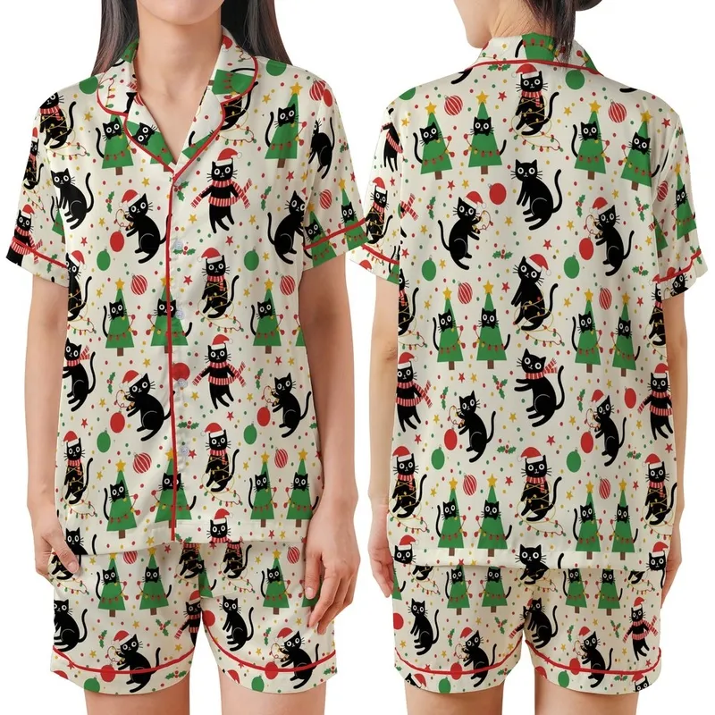 Cat Lovers' Whimsical Christmas Black Cats Pattern, Light Cream Festive Illustration, Red Green Yellow Satin Short-Sleeve Pajamas Set - 1