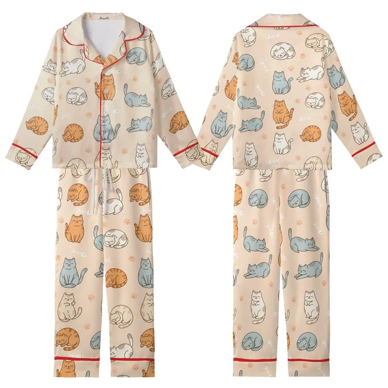 Cat Lovers' Whimsical Plump Cartoon Cats Seamless Pattern in Pastel Grey-Blue Ginger Cream, Pale Peach Background, Paw Prints & Fish Bones Kid Satin Pajamas Set - 1