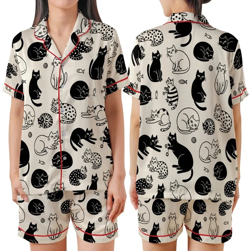 Cat Lovers' Whimsical Hand-Drawn Black and White Feline Pattern with Playful Cats, Yarn, and Fish Satin Short-Sleeve Pajamas Set - 1