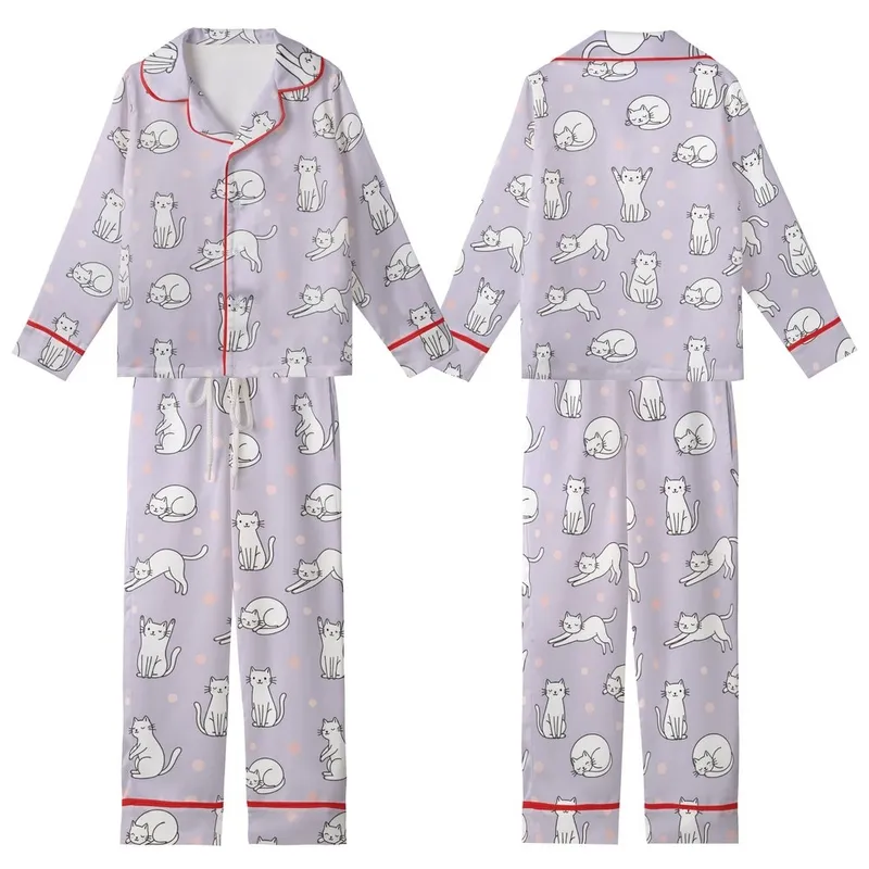 Cat Lovers' Whimsical Lavender Playful White Outline Cartoon Cat Pink Polka Dot Pattern Kid Satin Pajamas Set - 1