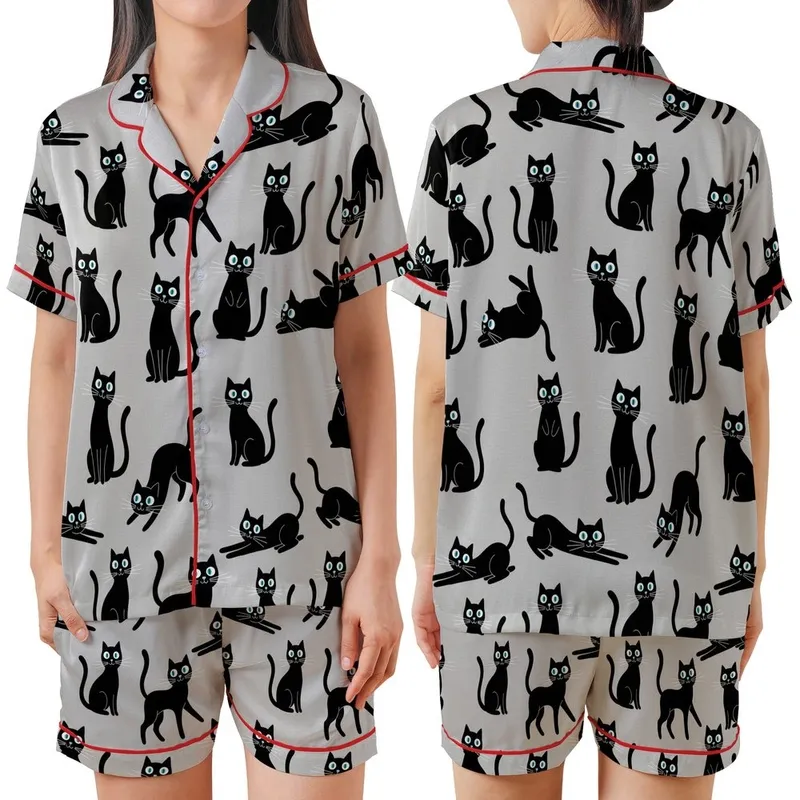 Cat Lovers' Whimsical Black Cat Pattern on Light Heather Gray, Playful Poses, White Eyes, Teal Pupils, Cartoon Style Satin Short-Sleeve Pajamas Set - 1