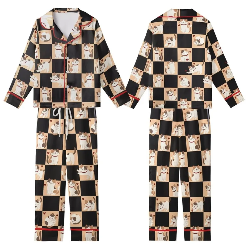 Cat Lovers' Whimsical Jet Black Peachy-Orange Checkerboard Cartoon Cat Heart Pattern Kid Satin Pajamas Set - 1