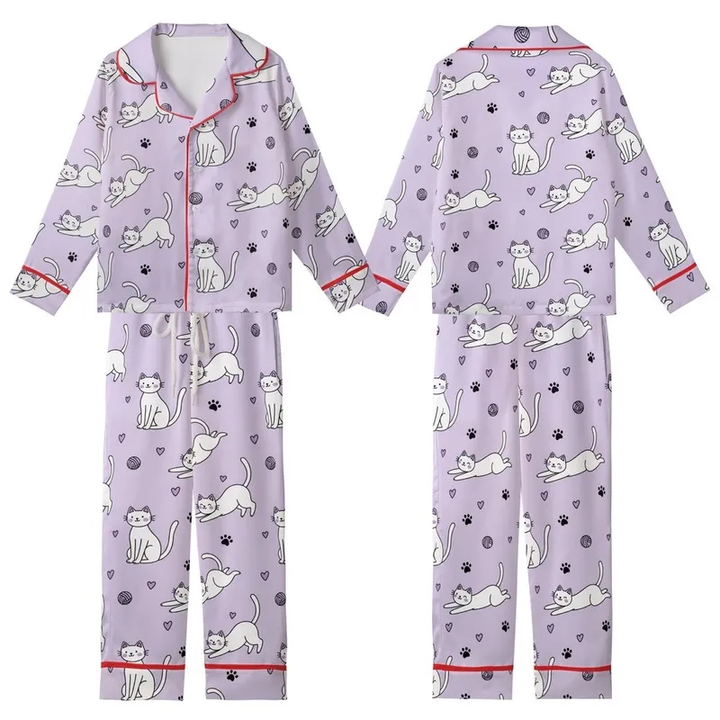 Cat Lovers' Whimsical Flat White Cartoon Cats, Black Paw Prints & Yarn Balls on Light Lavender Pattern Kid Satin Pajamas Set - 1