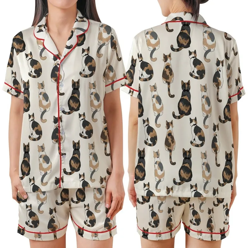 Cat Lovers' Seamless Illustrative Cats Pattern Warm Brown Tan Grey Black White Calico Tortoiseshell Bow Ties Cream Satin Short-Sleeve Pajamas Set - 1