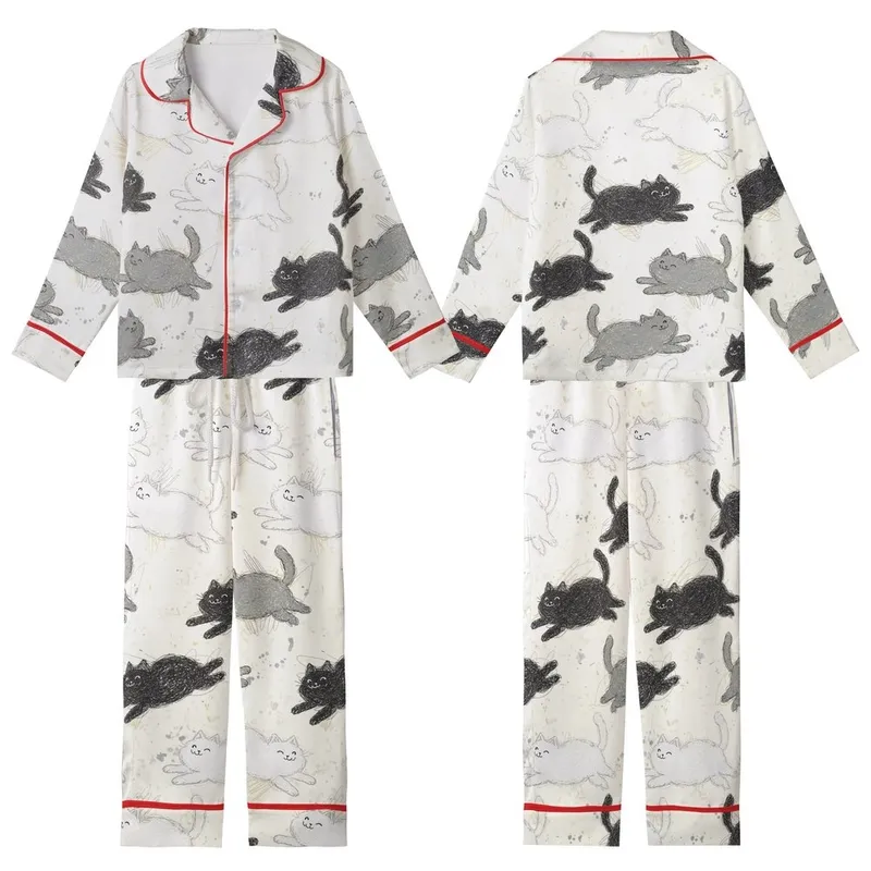 Cat Lovers' Whimsical Fluffy Happy Cats Sketchy Seamless Pattern Black White Grey Beige Distressed Kid Satin Pajamas Set - 1