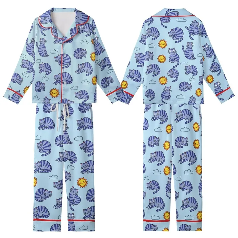 Cat Lovers' Whimsical Cartoon Periwinkle Indigo Napping Cats & Bright Yellow Suns Sky Blue Seamless Pattern Kid Satin Pajamas Set - 1