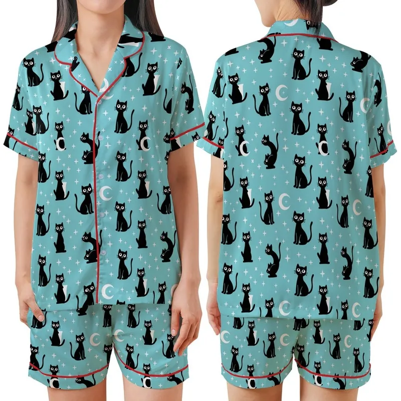 Cat Lovers' Playful Black Cats White Crescent Moons Twinkle Stars Light Aqua Whimsical Pattern Satin Short-Sleeve Pajamas Set - 1