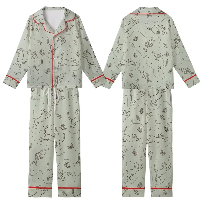 Cat Lovers' Whimsical Hand-Drawn Sketchy Cats Dark Brown Line Art Pale Sage Green Seamless Pattern Kid Satin Pajamas Set - 1