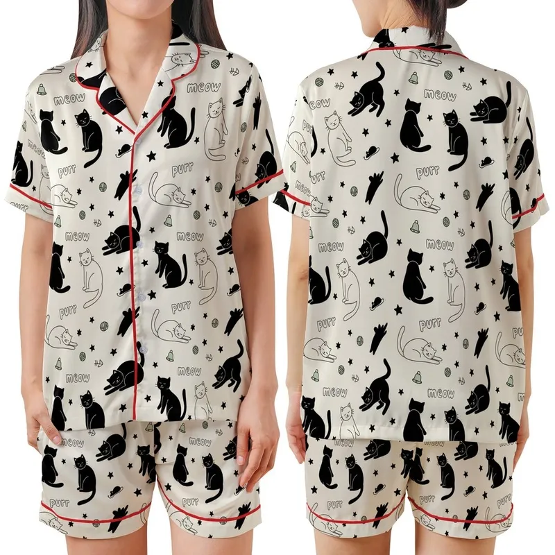 Cat Lovers' Whimsical Hand-Drawn Black Doodle Cats Soft Cream Seamless Pattern, Stars, Fishbones, Yarn, Meow Purr Satin Short-Sleeve Pajamas Set - 1