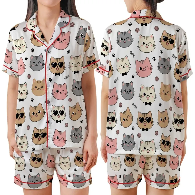 Cat Lovers' Kawaii Cat Faces All-Over Print: Pink, Beige, Grey Cats with Bow Ties, Heart Sunglasses Satin Short-Sleeve Pajamas Set - 1