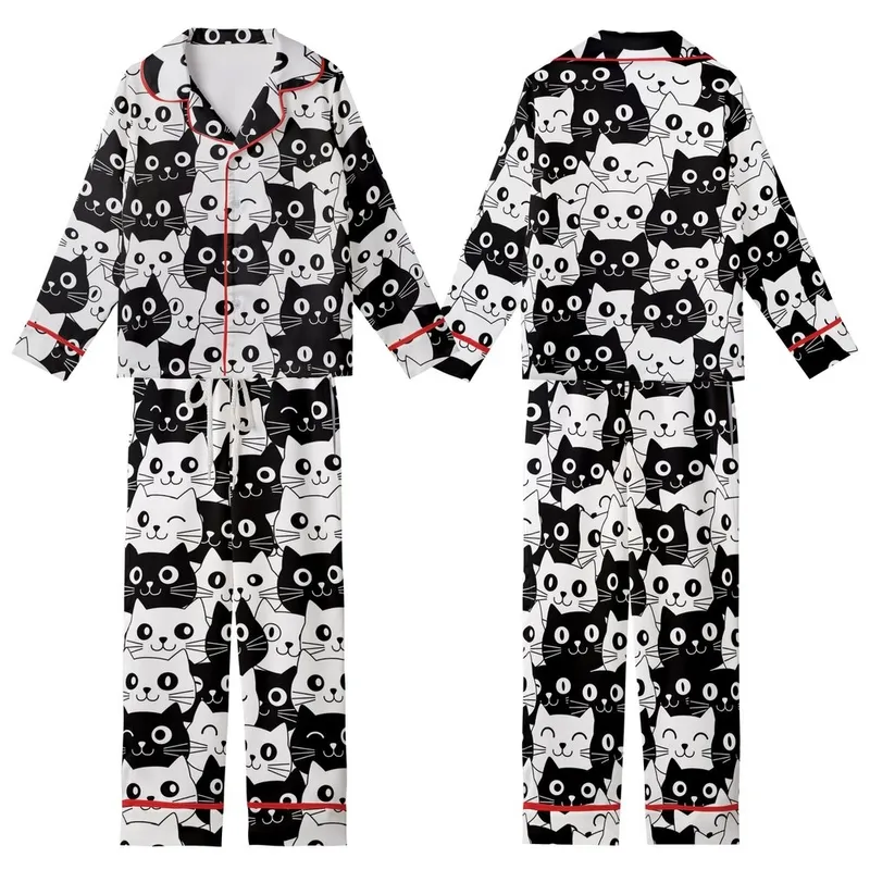 Cat Lovers' Black & White Minimalist Cartoon Cat Face Dense Seamless All-Over Print Kid Satin Pajamas Set - 1