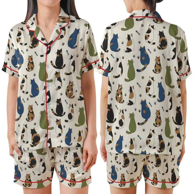 Cat Lovers' Whimsical Hand-Drawn Cats Light Cream Muted Blue Green Black Scattered Feline Pattern Satin Short-Sleeve Pajamas Set - 1