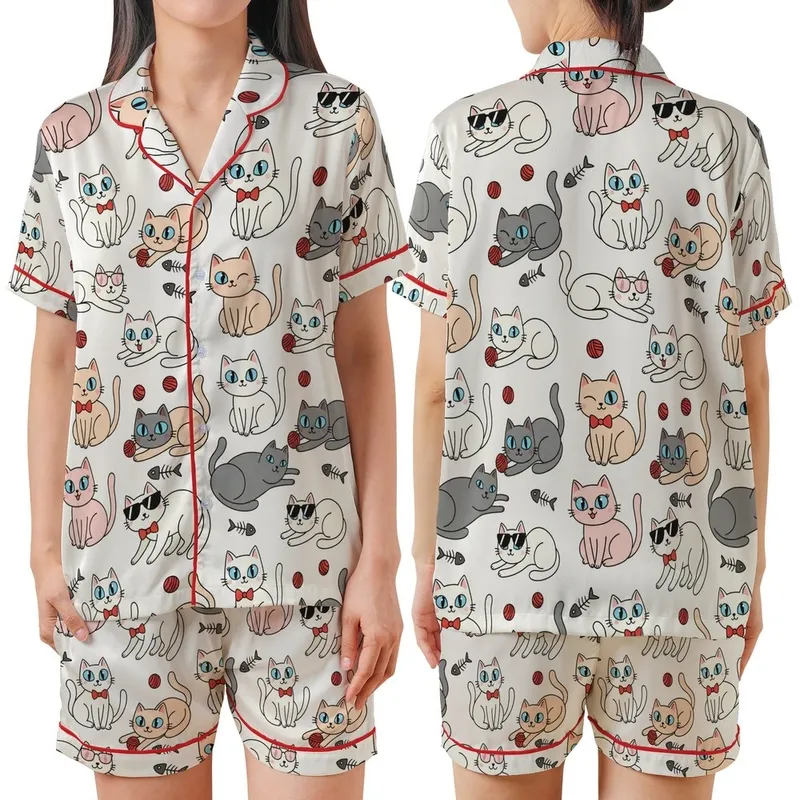Cat Lovers' Whimsical Flat Cartoon Cats Seamless Pattern with Red Bow Ties, Pink Sunglasses, Yarn Balls, Off-White, Pink, Grey Hues Satin Short-Sleeve Pajamas Set - 1