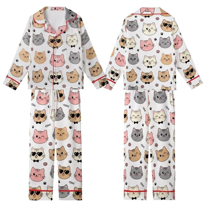 Cat Lovers' Kawaii Cat Faces All-Over Print: Pink, Beige, Grey Cats with Bow Ties, Heart Sunglasses Kid Satin Pajamas Set - 1