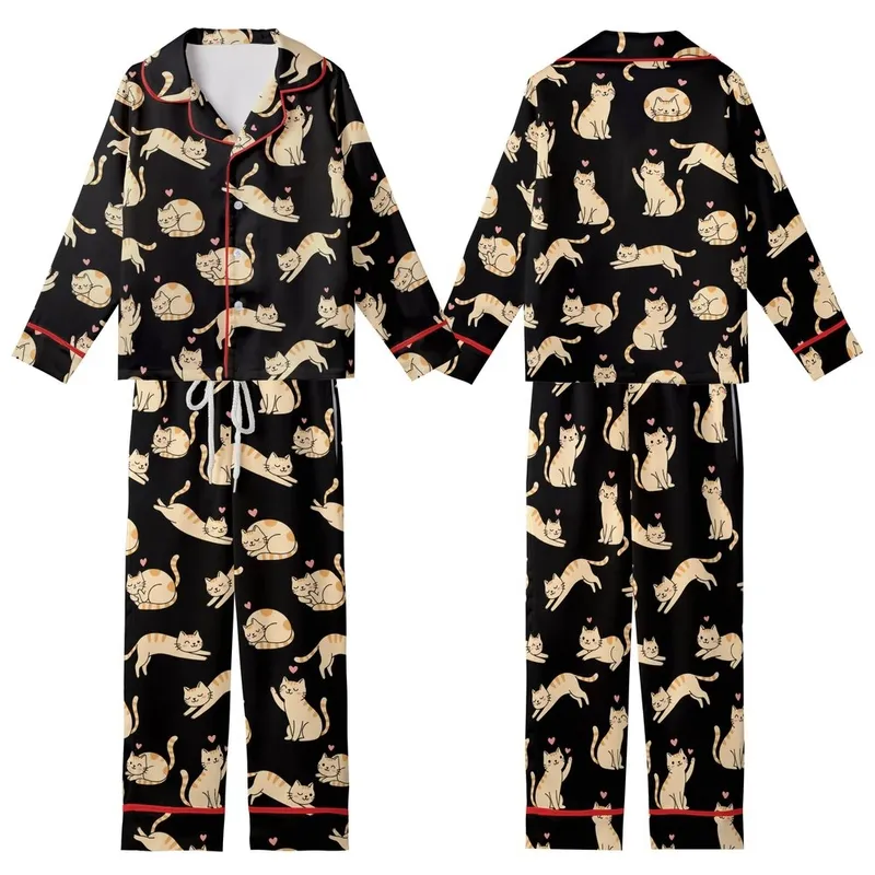 Cat Lovers' Whimsical Black Seamless Pattern with White & Orange-Tan Flat Cartoon Cats & Pink Accents Kid Satin Pajamas Set - 1