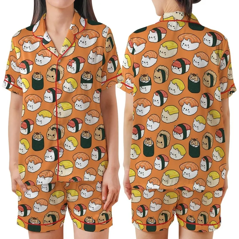 Cat Lovers' Whimsical Grumpy Fluffy Cat Sushi Nigiri & Maki All-Over Pattern on Vivid Tangerine Orange Satin Short-Sleeve Pajamas Set - 1