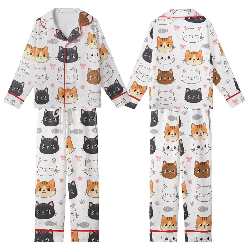 Cat Lovers' Whimsical Cartoon Cat Faces, Minimalist Feline Art, Pink Bows & Paw Prints Pattern on White Kid Satin Pajamas Set - 1